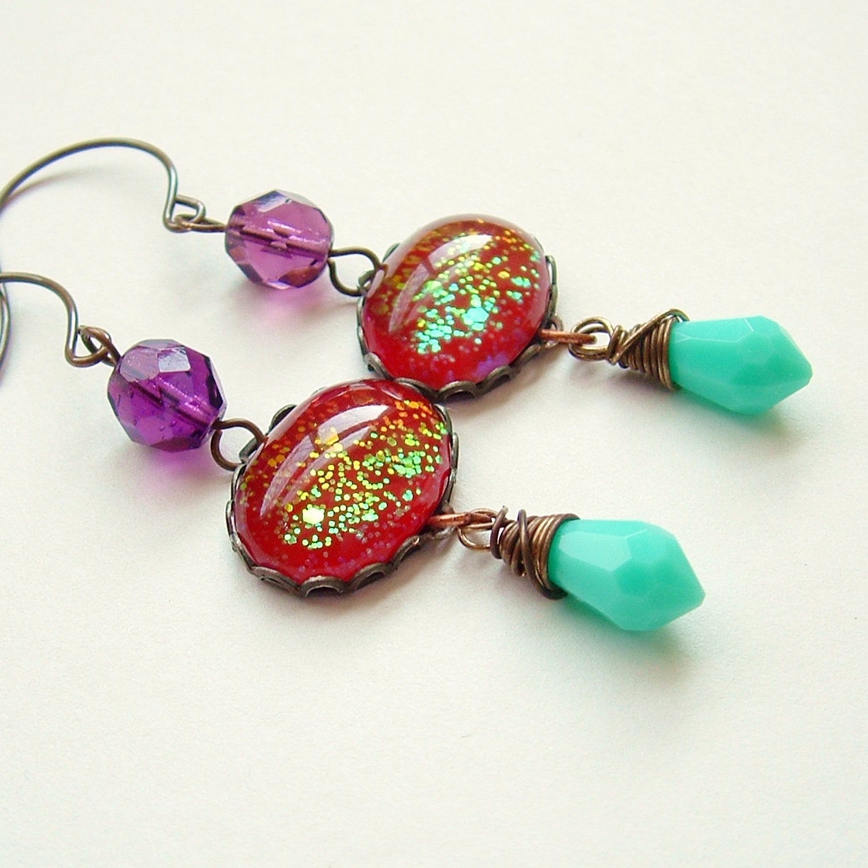 Red Aqua Glitter Earrings Vintage Glass Cabochons Beads Nail Polish Jewelry