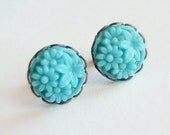 Turquoise Glass Post Earrings Vintage Japanese Floral Carved Glass Hypoallergenic Spring Jewelry
