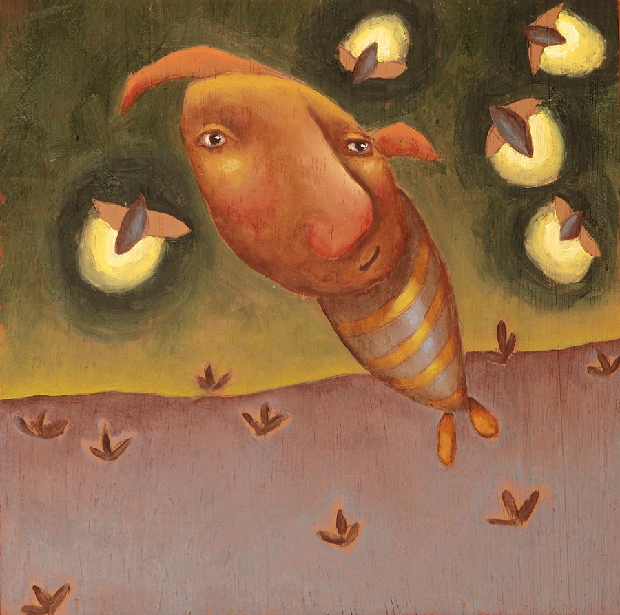 untitiled one of a kind oil painting ( funny creature with fireflys)