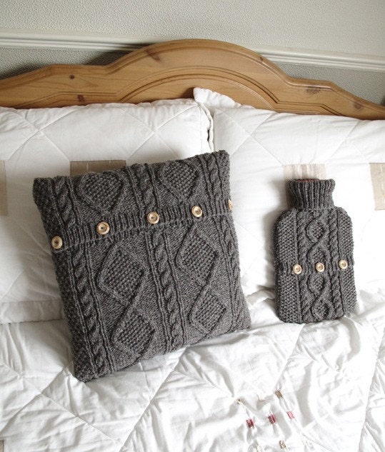 Rustic dark pebble grey bedroom set, traditional aran cushion cover with hot water bottle sweater - gift set - READY TO SHIP