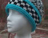 Beanie cap hat custom hand knit ski snowboard sports black white light blue check - Icy Blue Licorice