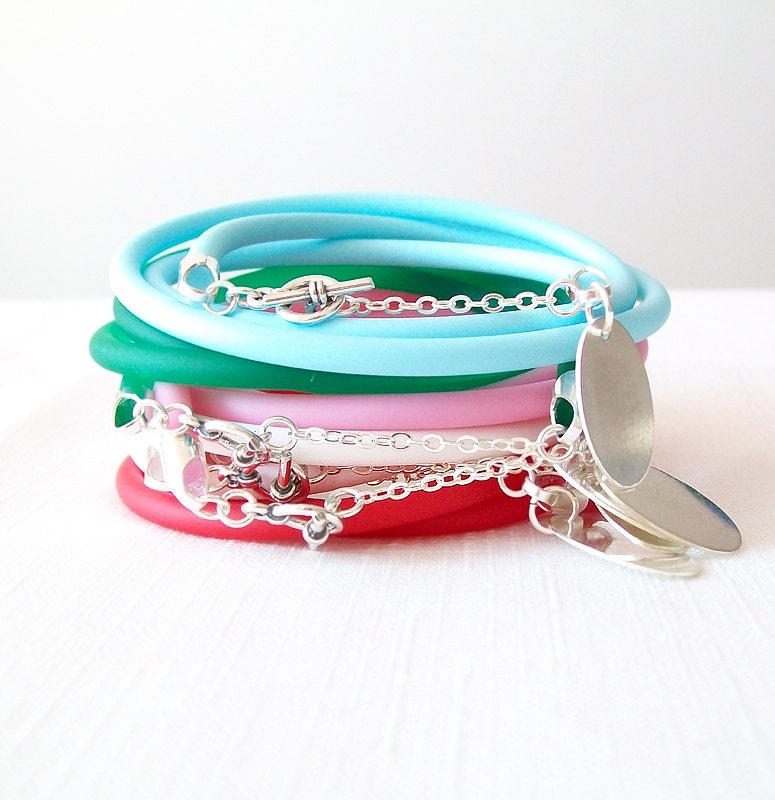 Personalized Handstamped 4mm Round Rubber Silver Triple Wrap Bracelet