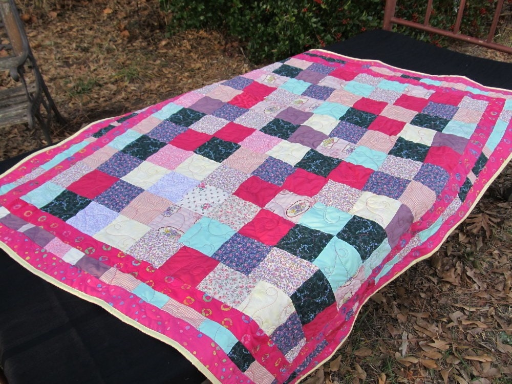 Throw size quilt: Girly Girl pink, purple, yellow and green 46" x 53" Cozy Cuddle Quilt, One of a Kind, Ready to Ship, Wonderful Gift