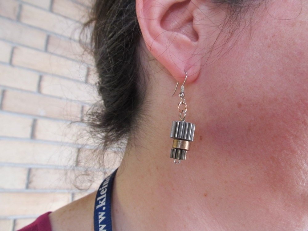 Unique earrings:  upcycled gears from a cordless Milwaukee drill.
