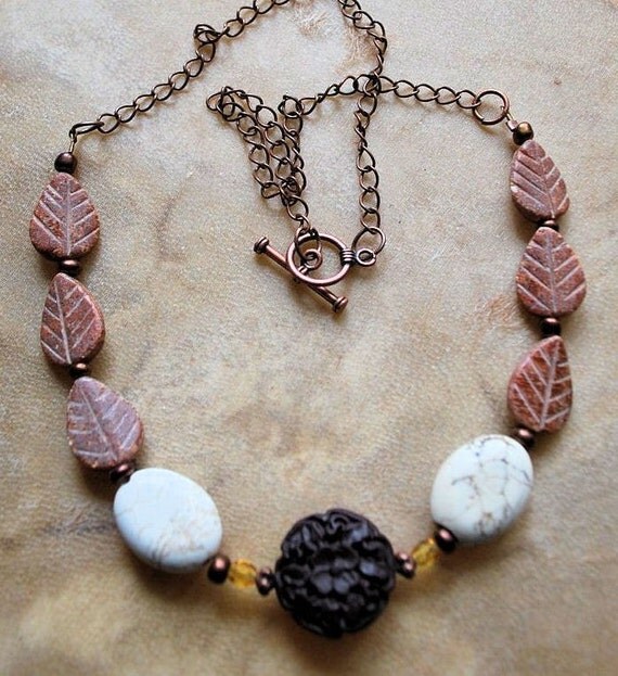 White Turquoise Cinnabar Soapstone Leaves Necklace by SoulfulStuff