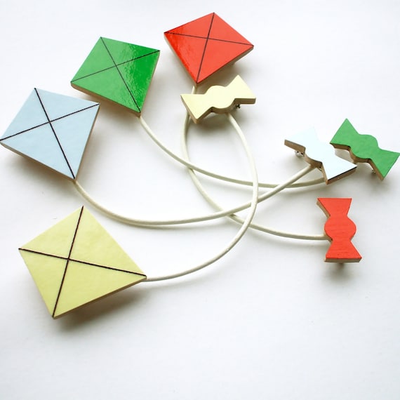Kite Brooch - Wooden Brooch - Collar Clip - Sweater Clip - Pastel Jewellery - Red, Pale Yellow, Pale Blue or Green