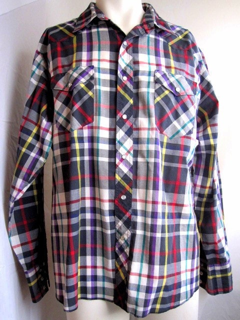 Retro Vintage Wrangler Western Shirt with Colorful Plaid and Pearly Snaps