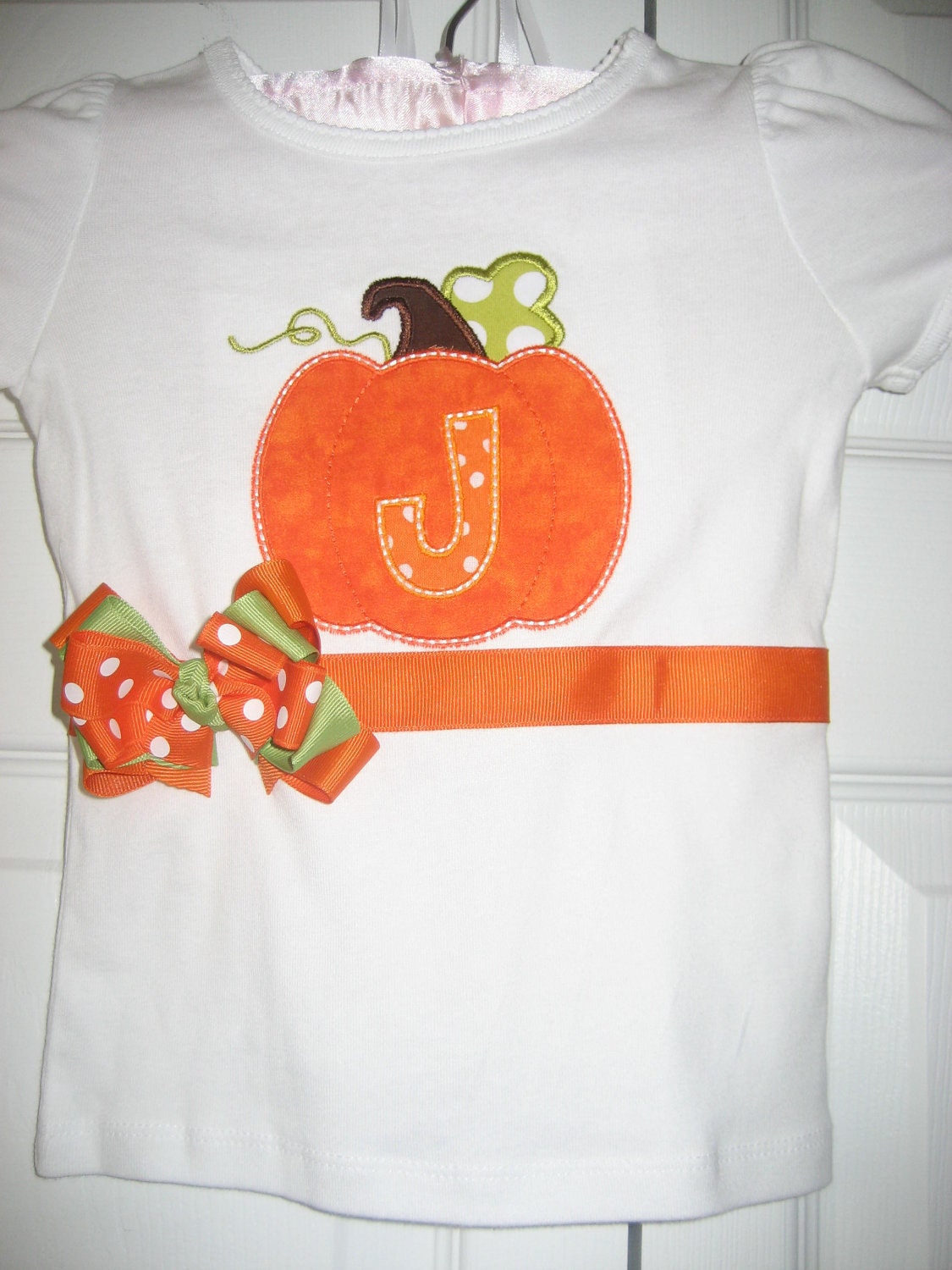 Boutique  Thanksgiving Fall initial pumpkin shirt with bow