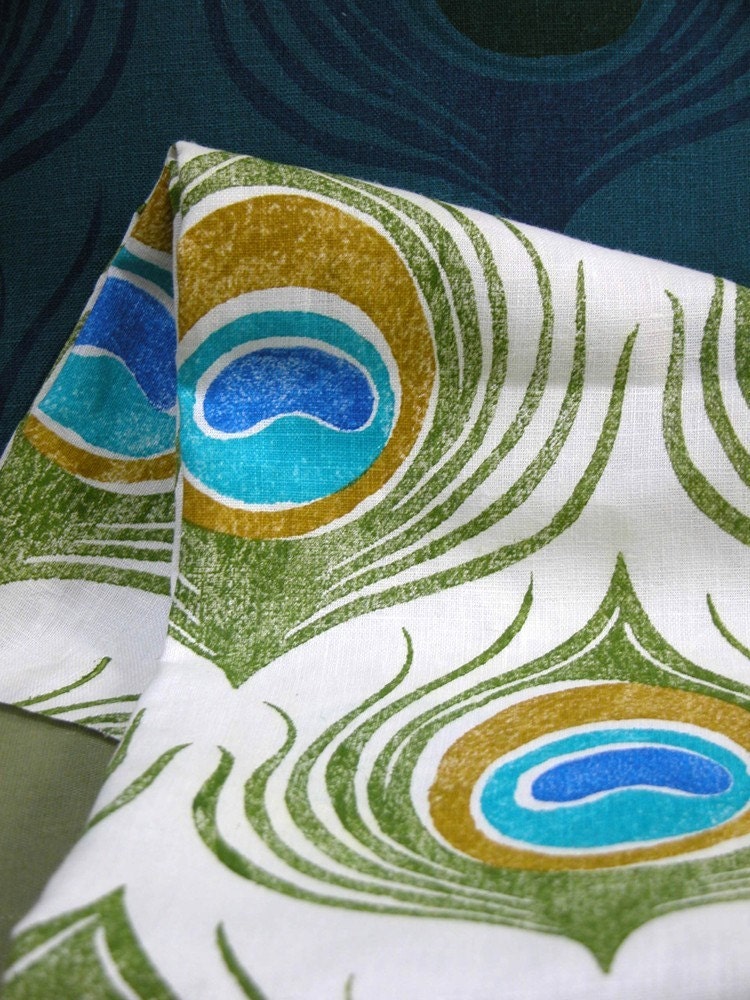Peacock Feather hand printed linen fabric 1/2 yard