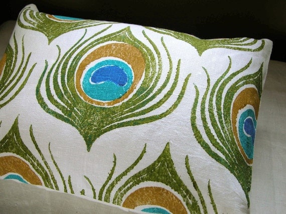 Olive Green and Turquoise Peacock Feather Linen Hand Printed Decorative Pillow Case