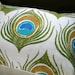Olive Green and Turquoise Peacock Feather Linen Hand Printed Decorative Pillow Case