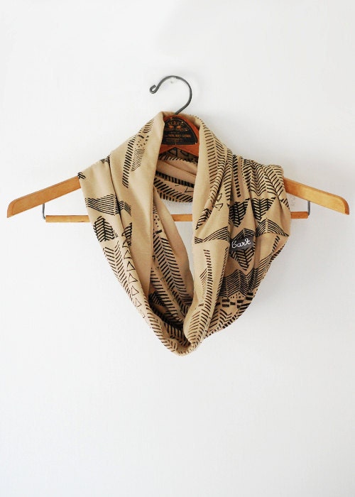 Going Hunting - Black and Camel - modern jersey printed cowl circle scarf Boho - by Bark Decor