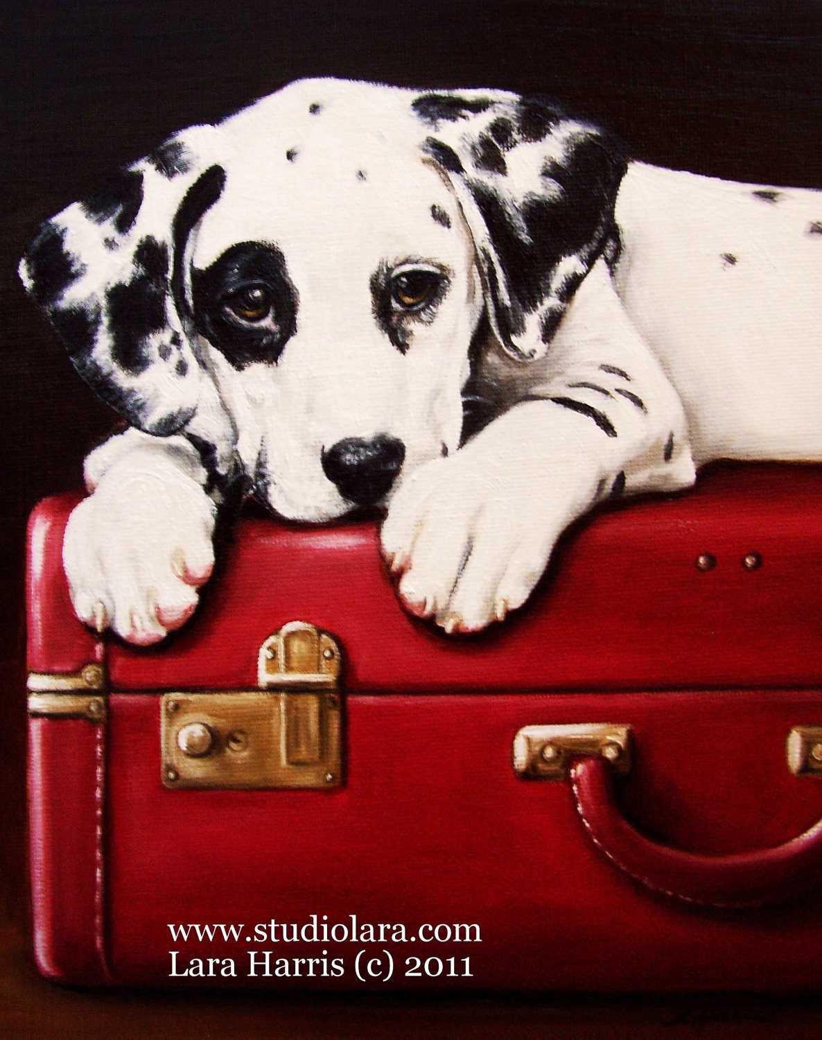 8x10 Dalmatian Dog on Vintage Red Suitcase Fine Art Giclee Print by LARA