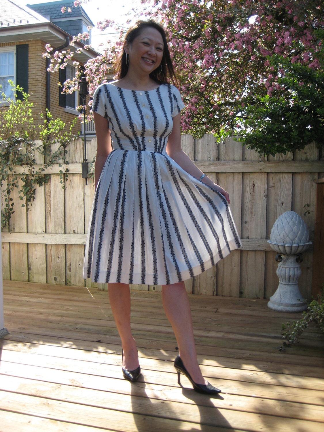 vintage 50's Betty Barclay dress full skirt unique piano key print