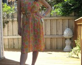 Vintage day dress 50's 60's bright pink and orange deadstock NWT larger size