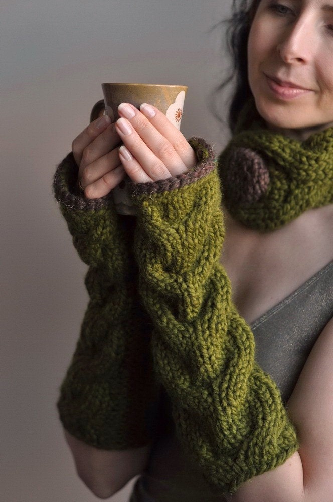 Freezebaby Mittens - super chunky handknit extra long cabled fingerless gloves in olive green MADE TO ORDER in other colors - Gift under 50