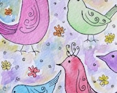 Spring Birds watercolor 4x6 colorful whimsical painting wall decor for girls nursery art