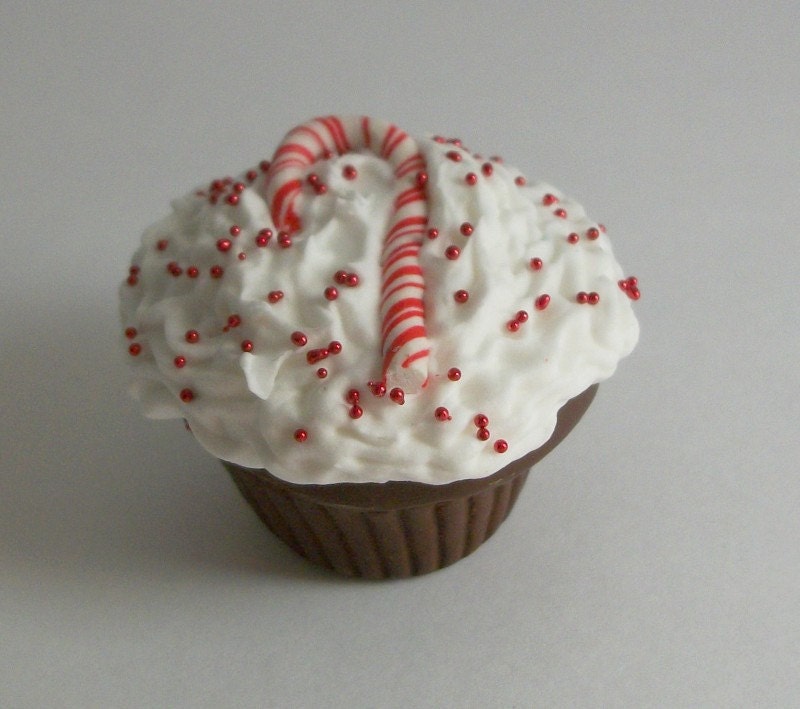 American Girl Christmas Cupcake 1:3 Scale - Chocolate with White Icing, Candy Cane, and Red Sprinkles - Perfect for 18" dolls