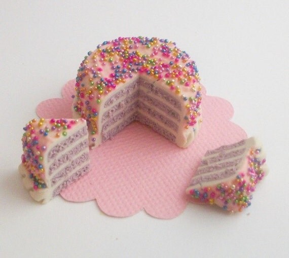Miniature Lilac Cake with Pink Icing and Rainbow Sprinkles with 2 slices cut, Great for Fashion Dolls or a Dollhouse
