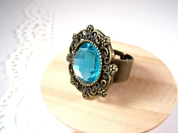 Aqua / Turquoise Blue Adjustable Glass Jewel Ring, Regal or Cocktail Accessory : faceted glass in ornate brass setting - Summer SALE 20% off