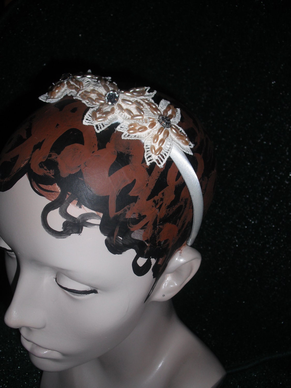 Bridal Headband Appliqued with Vintage Pearl covered Flowers. Cream Satin Headband.