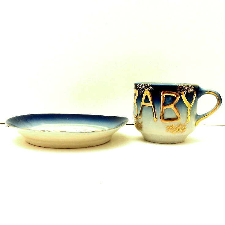 Baby Gift Keepsake - Antique Cup & Saucer Tea Set with Art Nouveau or Art Deco Lettering - Vintage Fine China Teacup in Blue and Gold