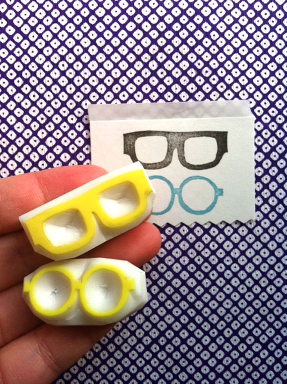 GLASSES hand carved rubber stamp. handmade rubber stamp. set of 2. no1
