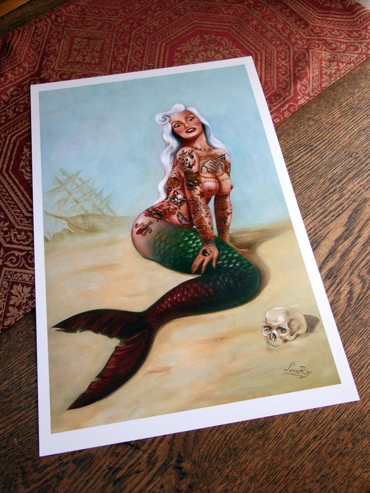Sailors Grave vintage style mermaid pin up by Sara Ray traditional tattoo poster print hawaiian - 11x 17 Free Ship signed
