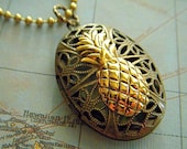 Pineapple Locket Necklace Vintage Inspired Filigree Oval Gothic Victorian Rustic Brass & Gold Mixed Metals Steampunk Style Tiki Jewelry