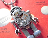 Steampunk Robot Necklace Vintage Watch Movement Mini Fig Size Silver Tone Metal Unisex Steampunk Necklace