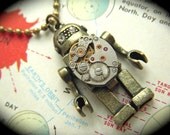 Steampunk Robot Necklace Tiny Vintage Watch Movement Jewelry Popular Antiqued Brass Rustic Finish