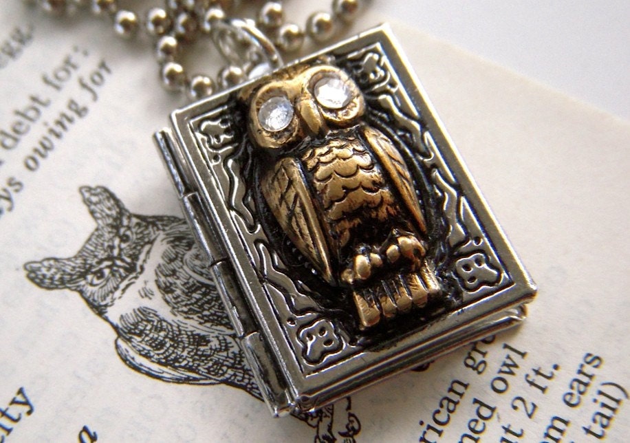 Owl Locket Necklace Tiny Size Silver Book With Real Swarovski Crystal Eyes