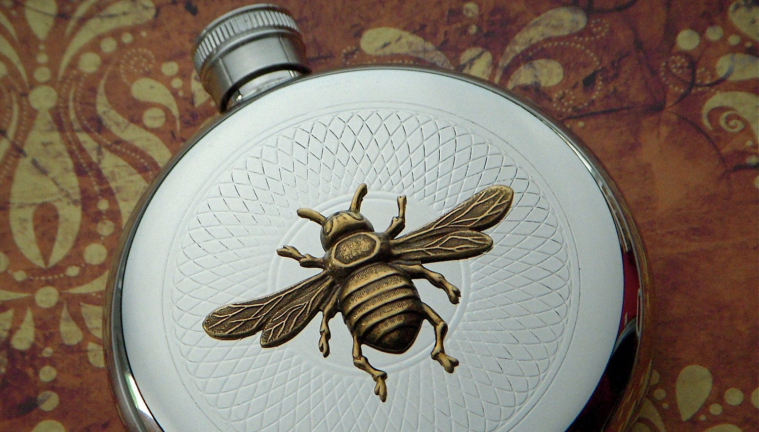 Round Bee Flask Vintage Inspired Gothic Victorian Steampunk Style Silver & Brass Metals