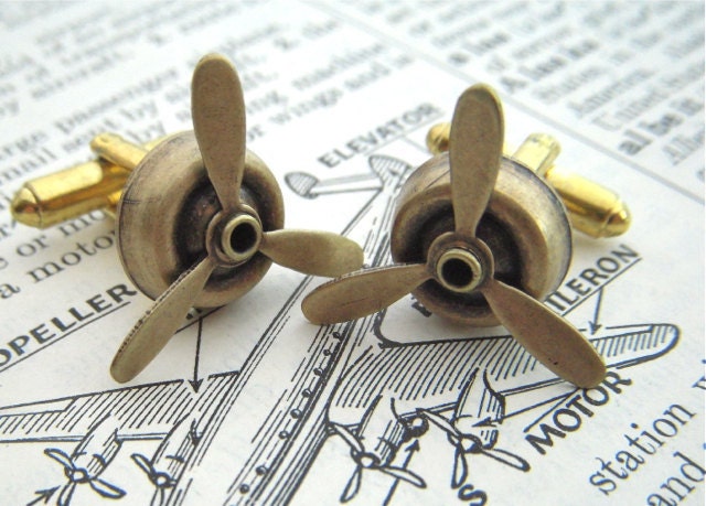 Steampunk Cufflinks Propellers Antiqued Brass Metal Men's Accessories Spinning Cuff Links Handcrafted In USA