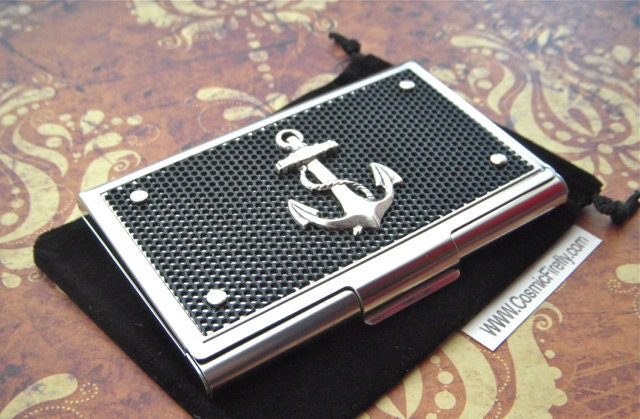 Industrial Steampunk Nautical Anchor Business Card Case Silver & Black Nautical Inspired Gift Accessories