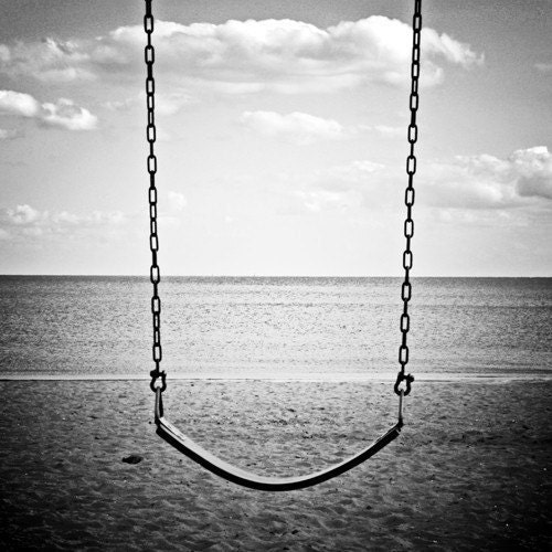 Beach Swing Overlooking Ocean - "A Simpler Time" - 10x10 Black and White Nautical Photo Print - Serene Minimal Seashore