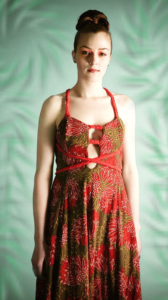 Red & Green Grecian Goddess Cotton Gauze Low Cut Dress