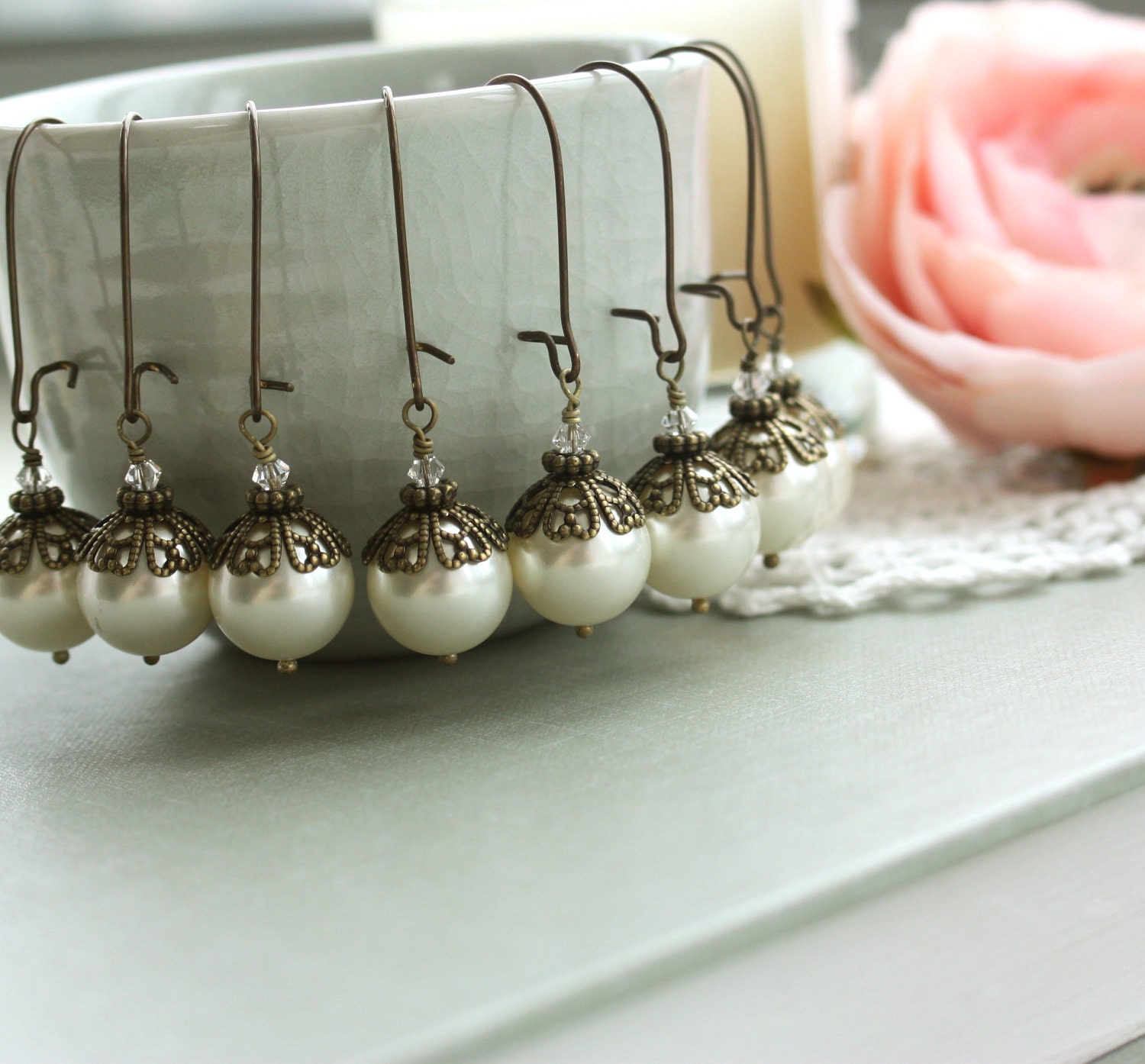 Special Price - Set of Four (4) Ivory Cream Pearl Dangle Earrings. Vintage Style, Antiqued Brass. Bridesmaids Gifts. Maid Of Honor.