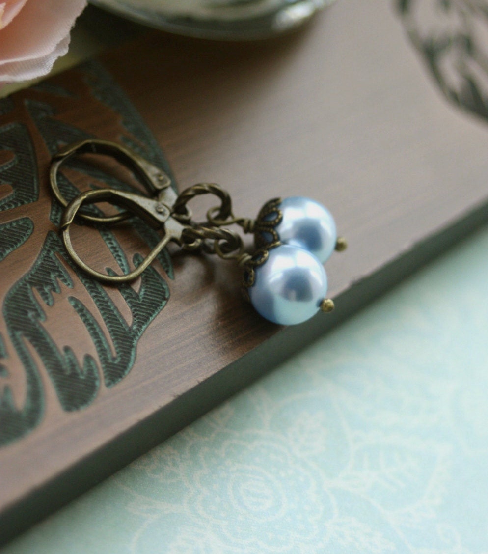 Sweetest Blue. A Light Blue Swarovski Pearl Leverback Antique Brass Earrings. Vintage Style. Bridesmaid Gift. Something Blue.