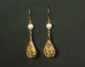 Pearl and Gold Earrings -- Gold Filigree and Swarovski Crystal Pearl, Bridal Earrings, Wedding, Dangles, Custom Colors -- FILIGREE TEARDROP