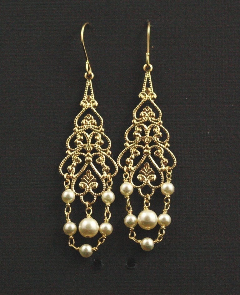 Wedding Jewelry Chandelier Earrings -- Gold Filigree and Creamy Swarovski Crystal Pearl Chandelier Earrings -- MONARCH