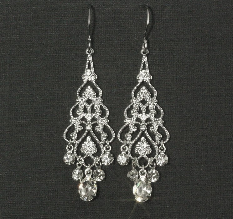 Rhinestone Chandelier Earrings -- Chandelier Bridal Earrings, Wedding Jewelry, Wedding Earrings, Silver Filigree, Rhinestones -- EMMA