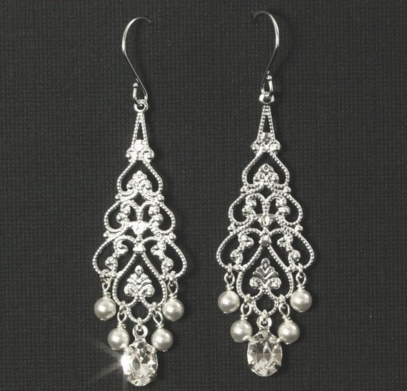 Bridal Chandelier Earrings Silver Filigree and by plumbcrazy