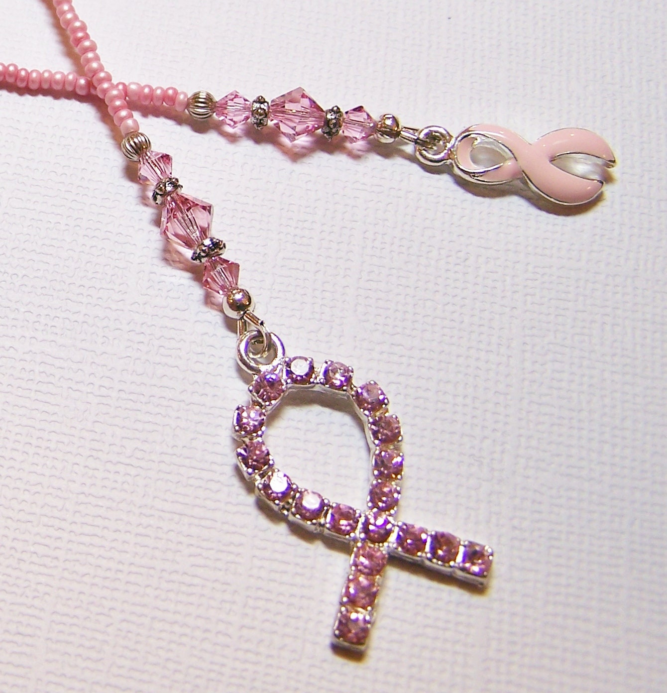 Handmade Beaded Bookmark Reading Gift Breast Cancer Awareness Pink Ribbon Crystal Silver Rhinestone...Awareness