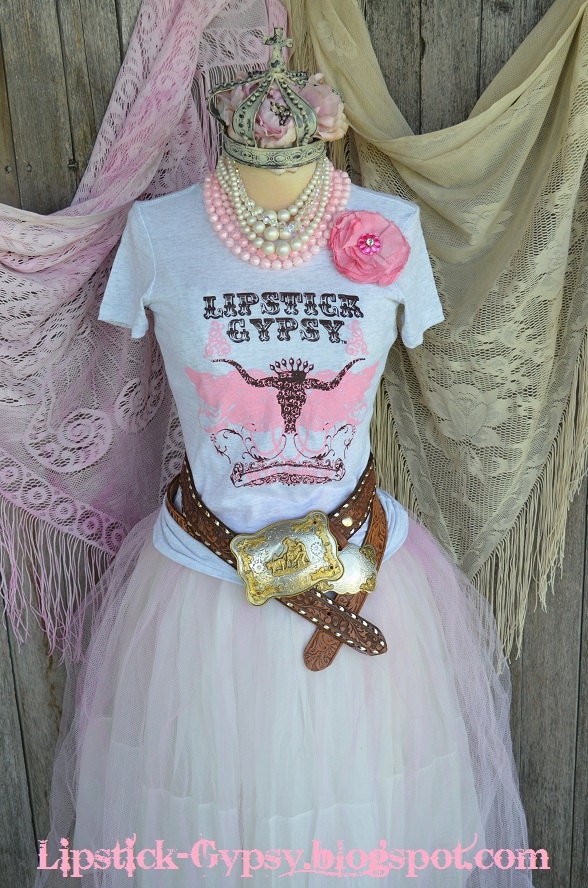 Blow Out SALE 50% Off SMALL ONLY -Lipstick Gypsy Signature T-Shirt, Cowgirl, Boho, Hippie, Prairie Style Soft Vintage Wash Perfect Longhorn