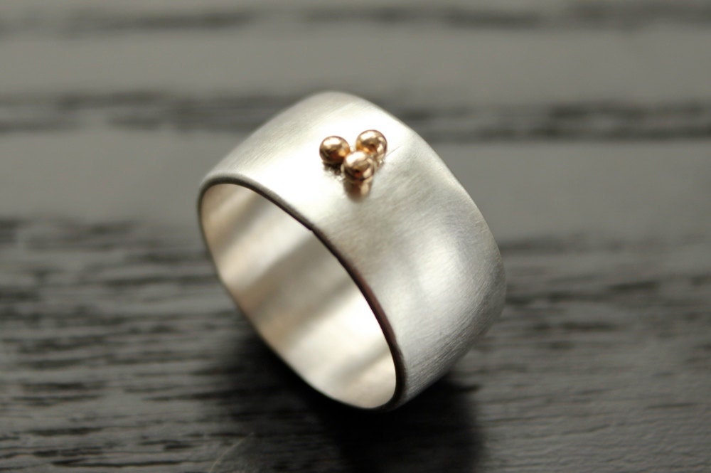 Wide Band Ring Recycled Sterling Silver and 14k Gold Ball Details Modern and Brushed Finish