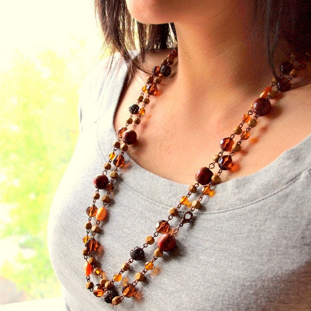 Long chunky necklace, double layer red ethnic necklace in copper wire