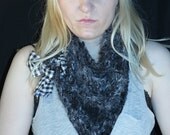 Black and white hand knit wrap scarf with gingham bow