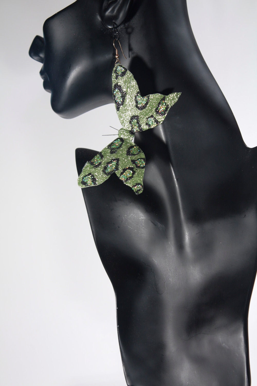 Green leopard hand painted butterfly earrings