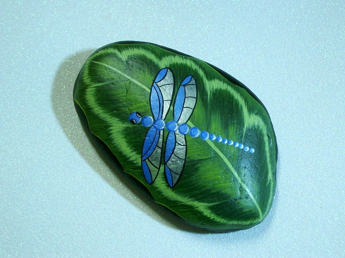 Spring garden decor, leaf, peacock plant, blue, green, dragonfly, therapy stone, gift for gardener, hand painted rocks by Rockartiste